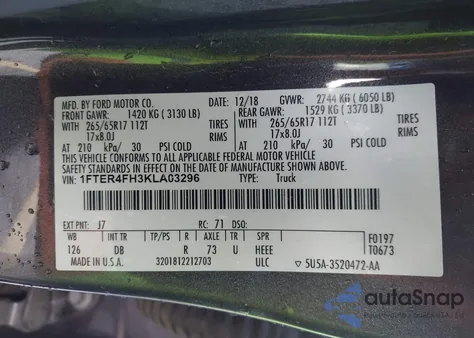 2019 Ford Ranger Lariat from USA, damaged, VIN 1FTER4FH3KLA03296